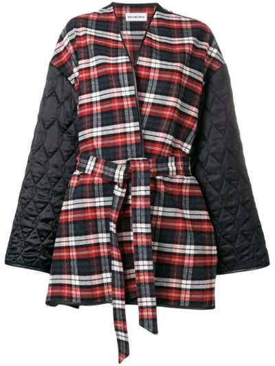 Balenciaga Leather-trimmed Checked Cotton-flannel And Quilted Satin Coat In Red