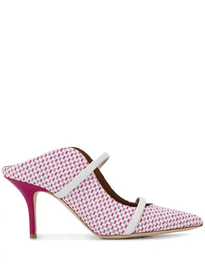 Malone Souliers Maureen 70 Leather-trimmed Woven Raffia Mules In Pink