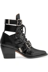 CHLOÉ RYLEE CUTOUT GLOSSED-LEATHER ANKLE BOOTS