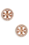 Tory Burch Crystal Logo Circle Stud Earrings In Rose Gold/ Crystal