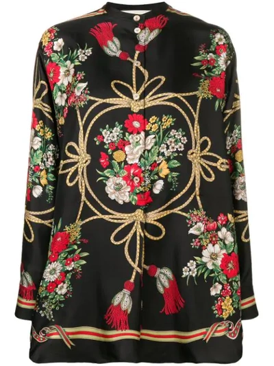 Gucci Intrigue Floral And Tassel Print Button-front Blouse In Black