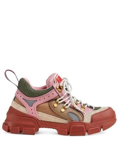 Gucci Flashtrek Logo-embossed Leather, Suede And Mesh Trainers In Bordeaux, Khaki, Light Grey, Pale Pink