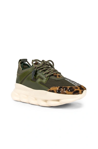 Versace Khaki Green Chain Reaction Leopard Print Low-top Leather Sneakers - 绿色 In Green