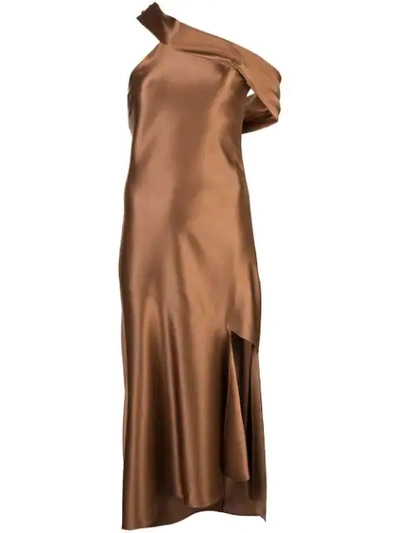 Cushnie Cold-shoulder Asymmetric Silk-satin Midi Dress In Brown