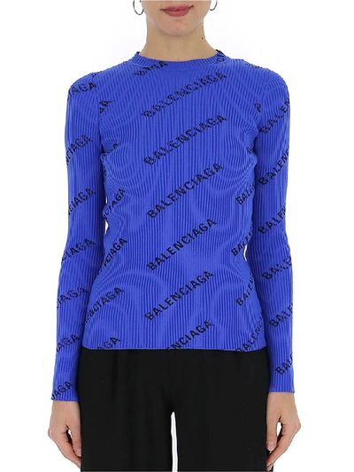 Balenciaga Allover Logo Ribbed-knit Sweater In Bright Blue