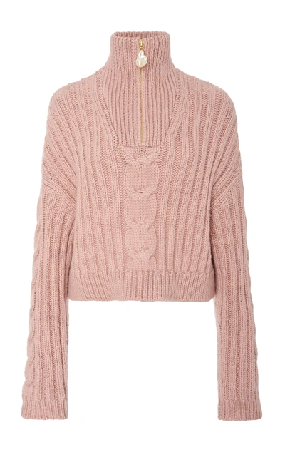 Nanushka Eria Cropped Faux Pearl-embellished Cable-knit Sweater In Pink