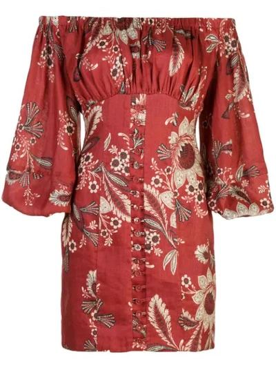 Zimmermann Juno Off-the-shoulder Floral-print Linen Mini Dress In Red