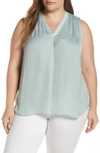 Vince Camuto Plus Shirred Rumple Satin Tank In Morning Dew