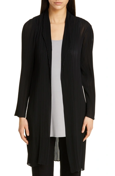 Eileen Fisher Shawl Collar Plisse Long Jacket In Black