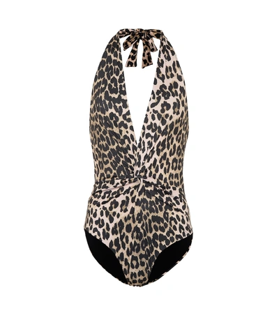 Ganni Twist-front Leopard-print Halterneck Swimsuit In Animal Print