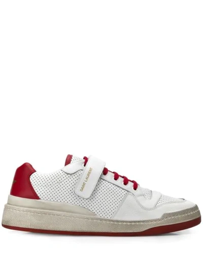 Saint Laurent Men's Travis Leather Grip-strap Sneakers In White,red