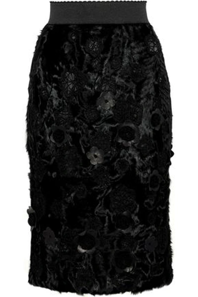 Dolce & Gabbana Floral-appliquéd Embroidered Shearling Pencil Skirt In Black