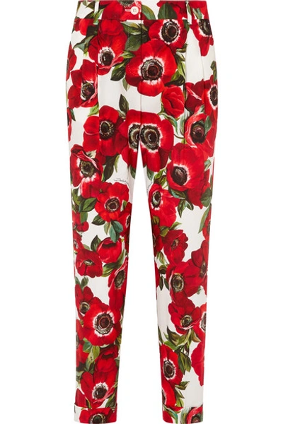 Dolce & Gabbana Floral-print Cotton Tapered Trousers In Cream