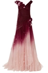 MARCHESA OFF-THE-SHOULDER APPLIQUÉD OMBRÉ TULLE GOWN