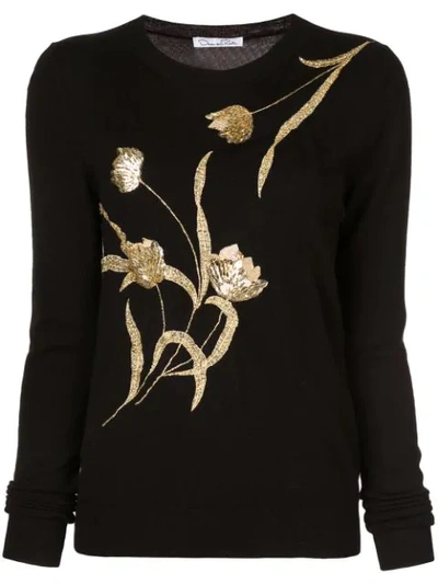 Oscar De La Renta Sequin Embellished Floral Wool Jumper In Black