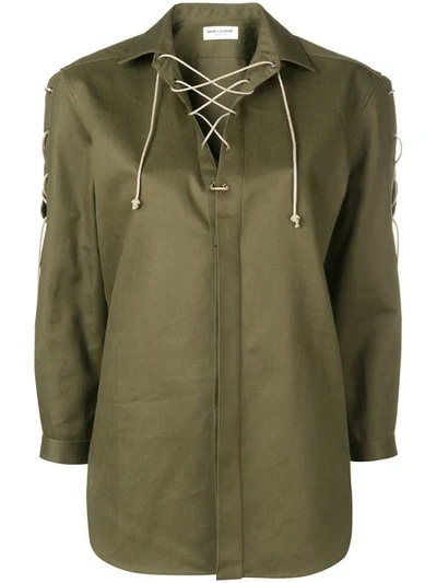 Saint Laurent Lace-up Cotton And Ramie-blend Shirt In Army Green