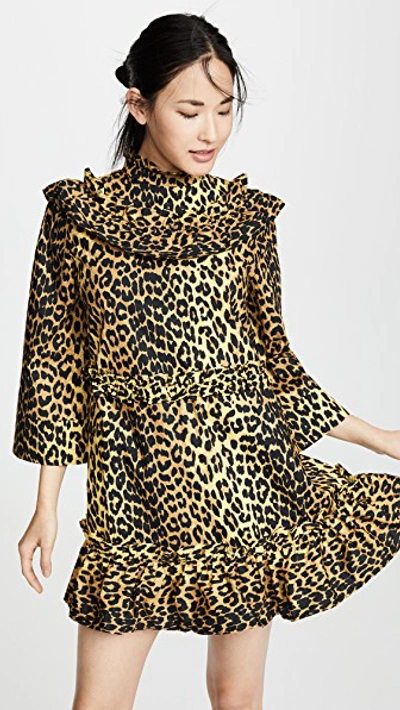 Ganni Ruffled Leopard-print Cotton Mini Dress In Animal