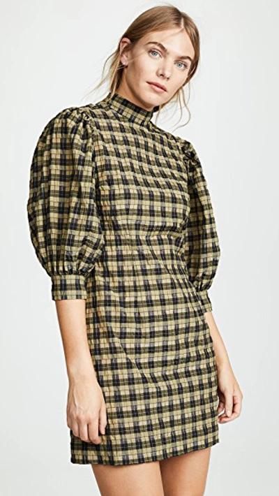 Ganni Checked Cotton-blend Seersucker Mini Dress In Yellow