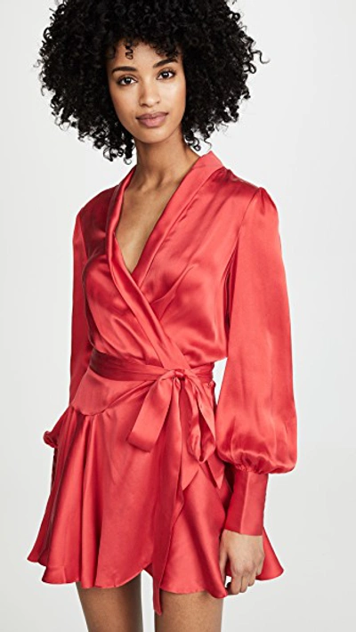 Zimmermann Long-sleeve Short Wrap Dress In Scarlet