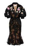 MARCHESA BELTED FLOWER-EMBROIDERED GUIPURE LACE DRESS,733704