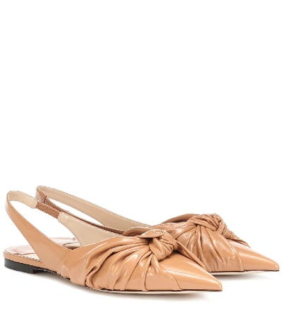 Jimmy Choo Annabel Knotted Patent-leather Slingback Point-toe Flats In Tan