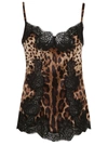 Dolce & Gabbana Satin Top In Leopard Print With Shoulder Straps And Lace Detail In Multicolor