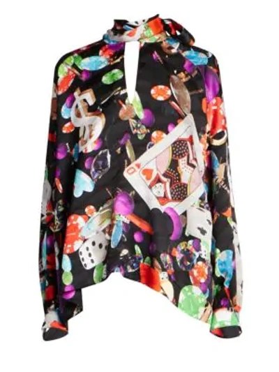 Balenciaga Casino Print Silk Crepe Tie-neck Blouse In Multicolor