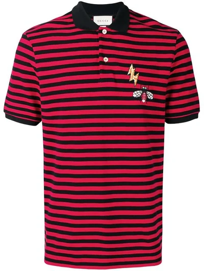 Gucci Men's Striped Pique Polo Shirt With Patches In Red