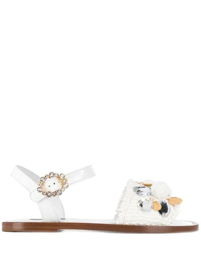 Dolce & Gabbana Crystal And Pompom-embellished Raffia Sandals In White