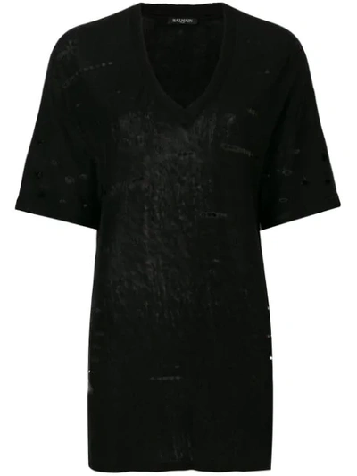 Balmain Distressed-effect V-neck T-shirt - 黑色 In Black