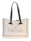 Tom Ford T Medium Leather-trimmed Printed Cotton-canvas Tote In Beige