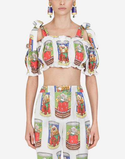 Dolce & Gabbana Cropped Cotton Top With Tin Print In White