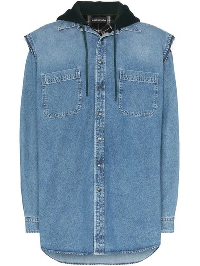 Balenciaga Oversized Denim Gilet With Detachable Checked Hooded Shirt In Blue