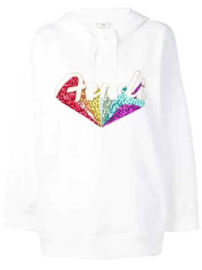 Fendi Logo Sequin Stretch Hoodie In White,gold,red