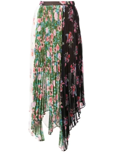 Amur Mica Floral Pleated Patchwork Handkerchief Midi Skirt In White Green