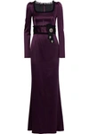 DOLCE & GABBANA LACE-TRIMMED EMBELLISHED STRETCH-SILK SATIN GOWN,3074457345620015744