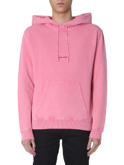Saint Laurent Logo-print Cotton Hooded Sweatshirt In Pink