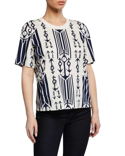 Tory Burch Anchor-print Short-sleeve T-shirt With Pockets In Seafaring Stripe