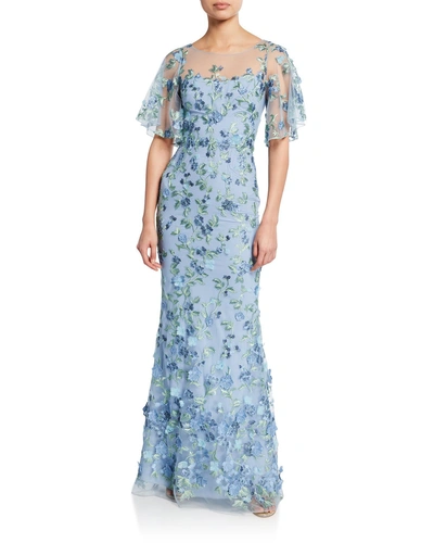 Marchesa Notte Sweetheart Illusion Flutter-sleeve Embroidered Tulle Gown W/ 3d Flowers