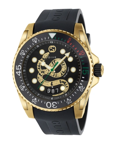 Gucci Men's Dive King Snake Gold Pvd Watch With Rubber Strap In Black/gold