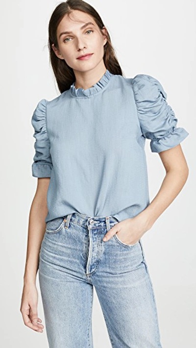 Moon River Ruched Sleeve Top In Slate Blue