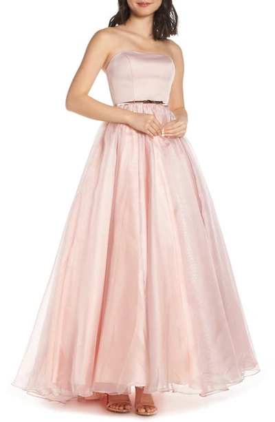 Mac Duggal Strapless Belted Ballgown In Rose Pink