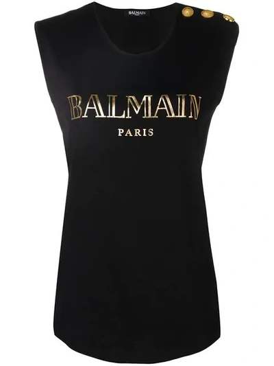 Balmain Buttoned Shoulders Sleeveless Logo Top - 黑色 In Black