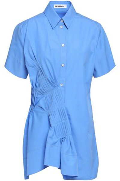 Jil Sander Woman Asymmetric Pleated Cotton-poplin Shirt Light Blue