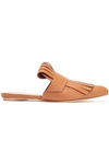 MARNI MARNI WOMAN FRINGED GLOSSED-LEATHER SLIPPERS LIGHT BROWN,3074457345620228585