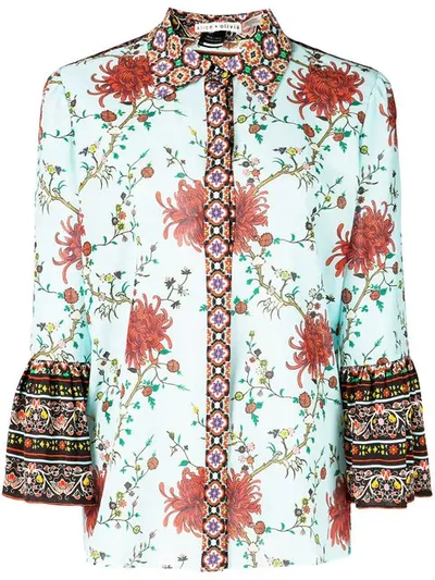 Alice And Olivia Rana Ruffle Sleeve Button Down Blouse In Chrysanthemum Border Powder Blue