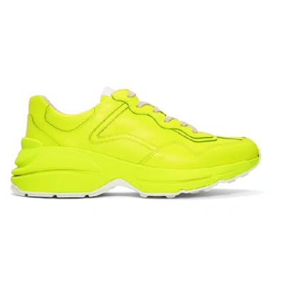 Gucci Men's Rhyton Fluorescent Leather Trainers In Yellow