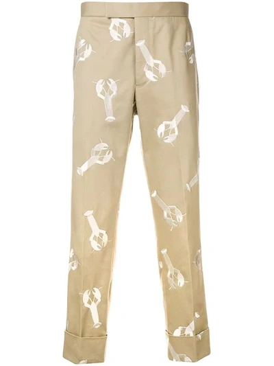 Thom Browne Lobster Embroidered Cotton Twill Pants In Neutrals