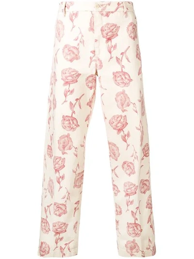 Aries Rose-print Wide-leg Cotton Trousers In Neutrals