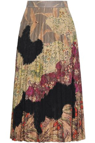 Valentino Woman Pleated Lace-paneled Printed Suede Midi Skirt Sage Green
